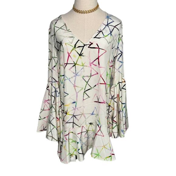 Alexis Giovanna Flounce Bell Sleeve 100% silk watercolor Mini Dress size US 8-10 - Picture 10 of 10